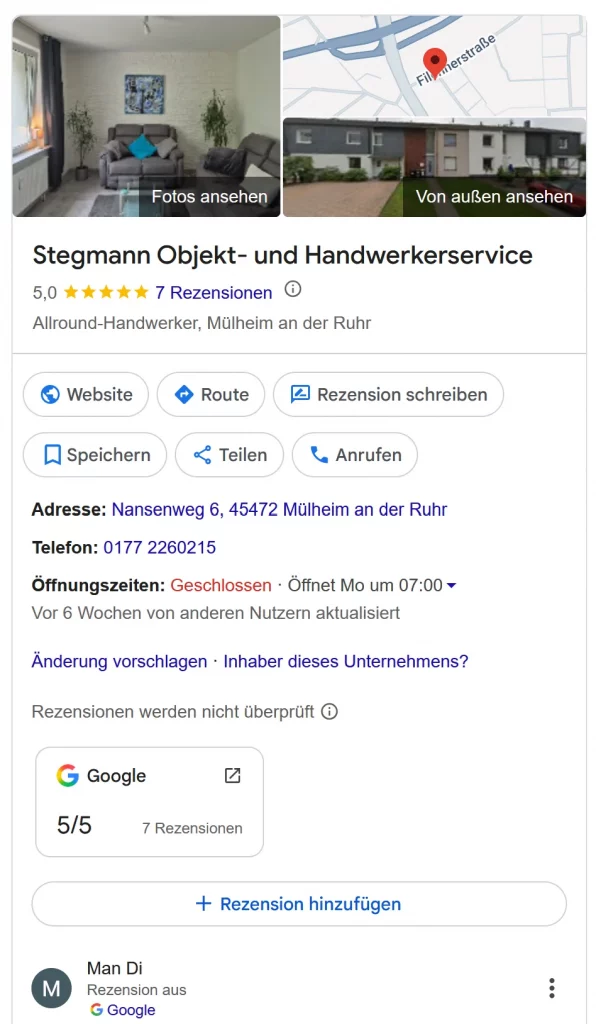 Beispiel eines optimierten Google Business Profils mit Bewertungen und Fotos
