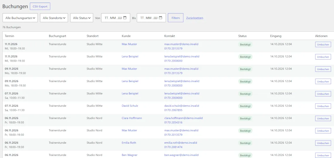 Monatskalender im Backend mit Trainingszeiten und Belegung