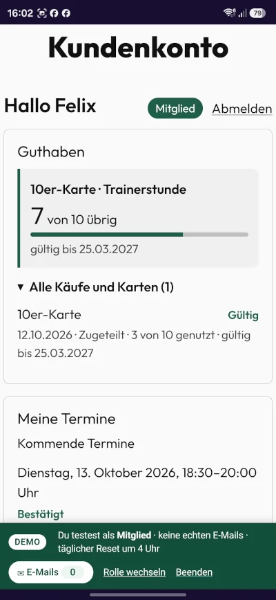 Kundenkonto mit Guthaben und kommenden Terminen auf dem Smartphone