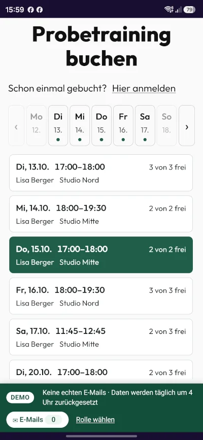 Terminliste mit Wochenleiste und freien Plätzen für das Probetraining