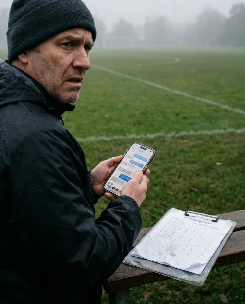 Trainer zwischen Chat-Nachrichten und Papierlisten